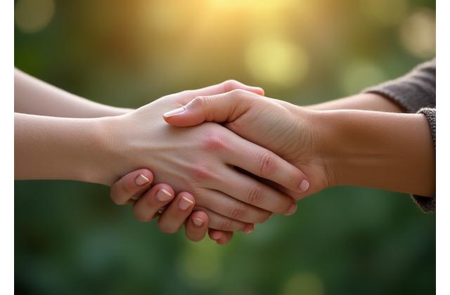 Two hands gently clasped in a gesture of friendship and tranquility, symbolizing the Anam Cara philosophy of soul friends and connection.