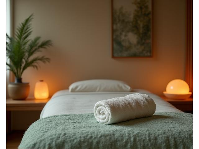 Serene healing therapy room with a massage bed, soft towels, and calming decor.