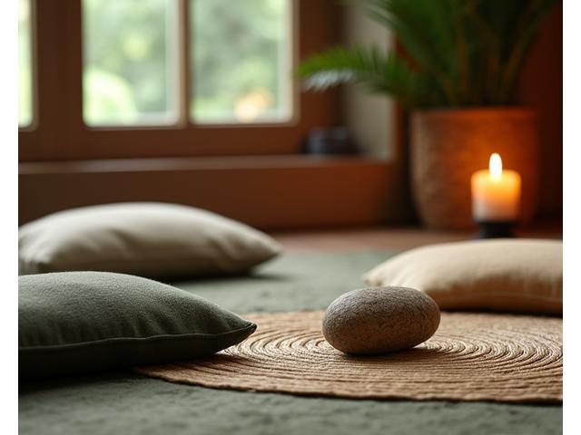 Peaceful meditation nook with cushions, soft lighting, and spiritual elements.