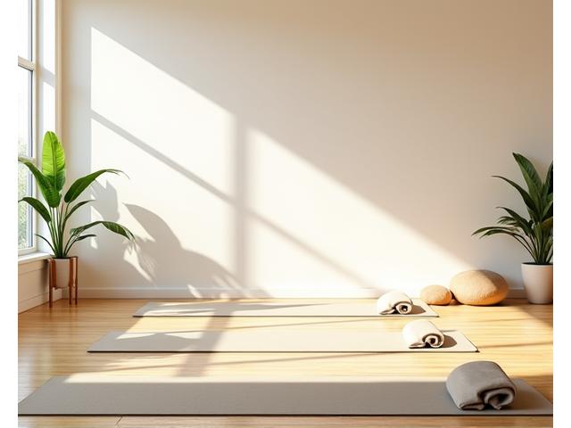 Tranquil yoga studio room with wooden floors, soft lighting, and yoga mats laid out, ready for practice.
