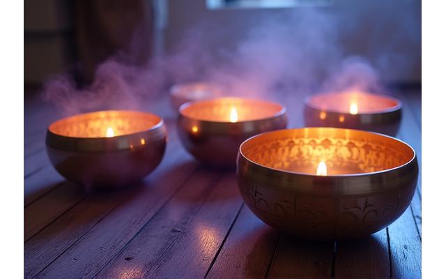 Close-up of singing bowls glowing with soft light, indicating a sound healing session.