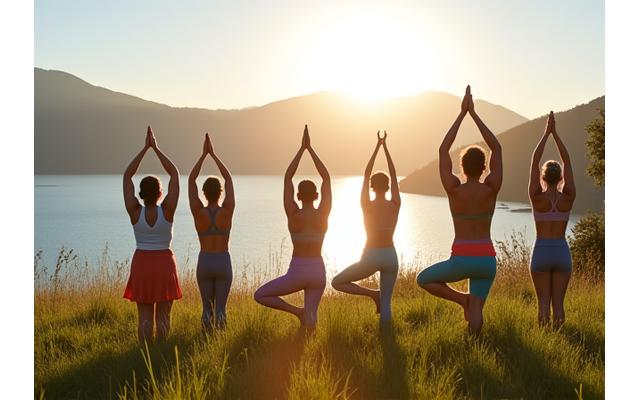 A group of people practicing yoga on a sunlit beach during a peaceful retreat.