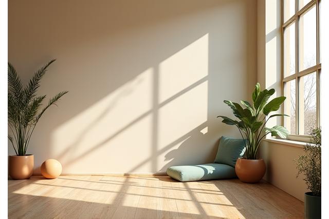 Warm and inviting yoga studio interior with natural light.