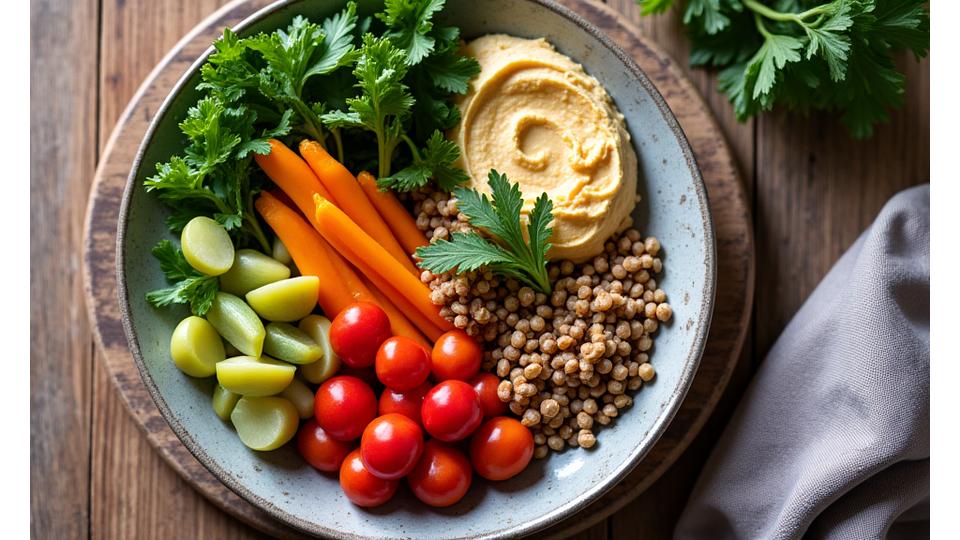 A beautifully arranged platter of fresh, vibrant, healthy food, indicating a nutritious meal from a wellness retreat.