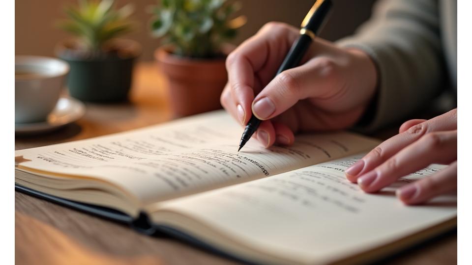 A person writing in a journal with a pen, surrounded by small plants and natural light, symbolizing reflection and personal growth.