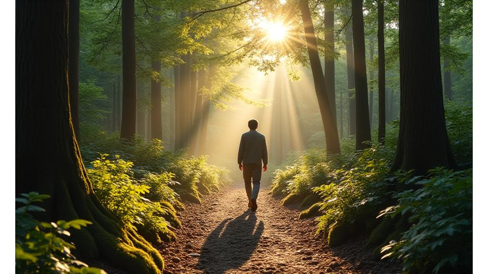 A person walking mindfully through a lush, green forest path, representing a meditative nature walk.